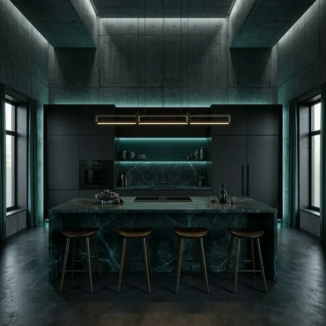 Exklusive dunkle Architektur-Küche mit Premium-Materialien
