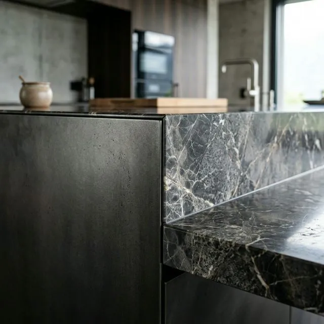 Detailansicht einer handgefertigten Einbauküche mit nahtlosen Fugen