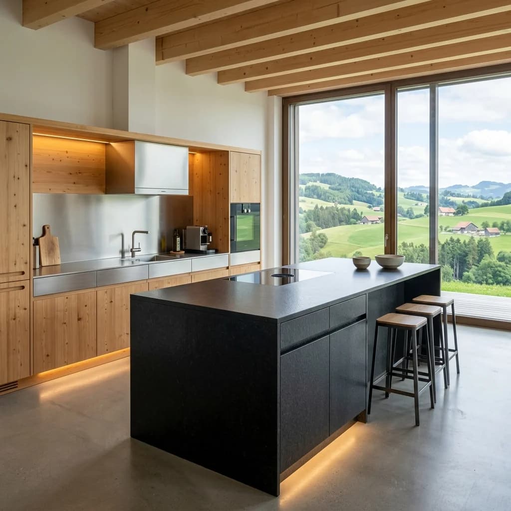 Appenzeller Loft-Küche mit feingemasertem Fichtenholz in Herisau - Schweizer Küchen-Profi