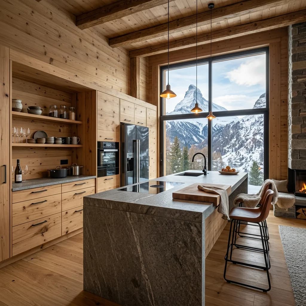 Hochexklusive Chalet-Luxusküche mit Matterhornblick in Zermatt, Wallis - Schweizer Küchen-Profi