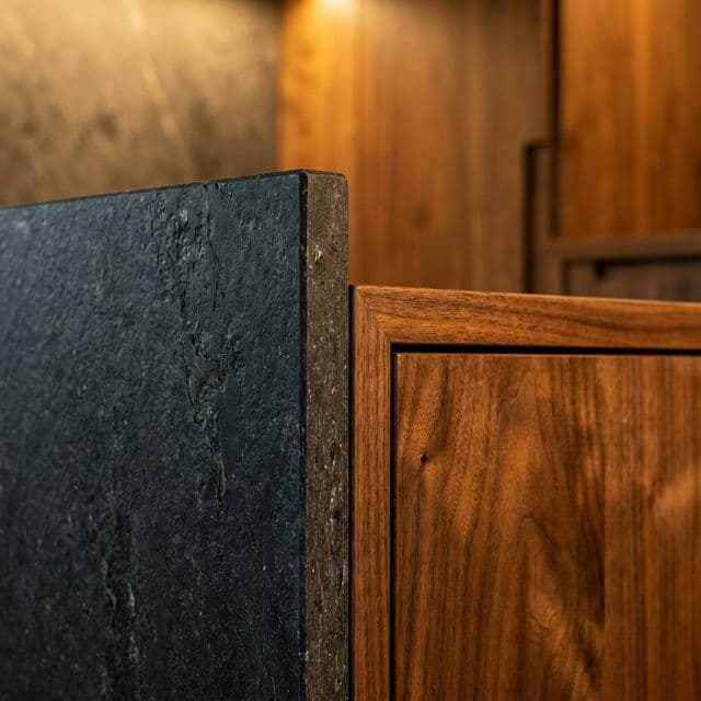 Detailansicht einer handgefertigten Einbauküche mit nahtlosen Fugen