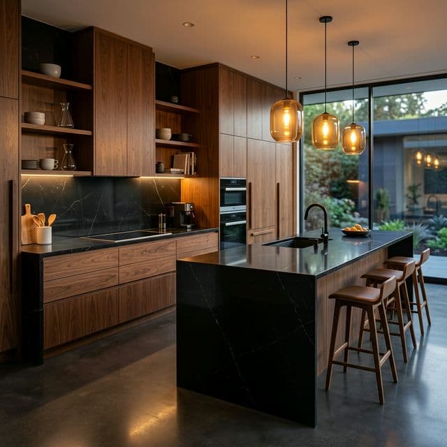 Exklusive dunkle Architektur-Küche mit Premium-Materialien