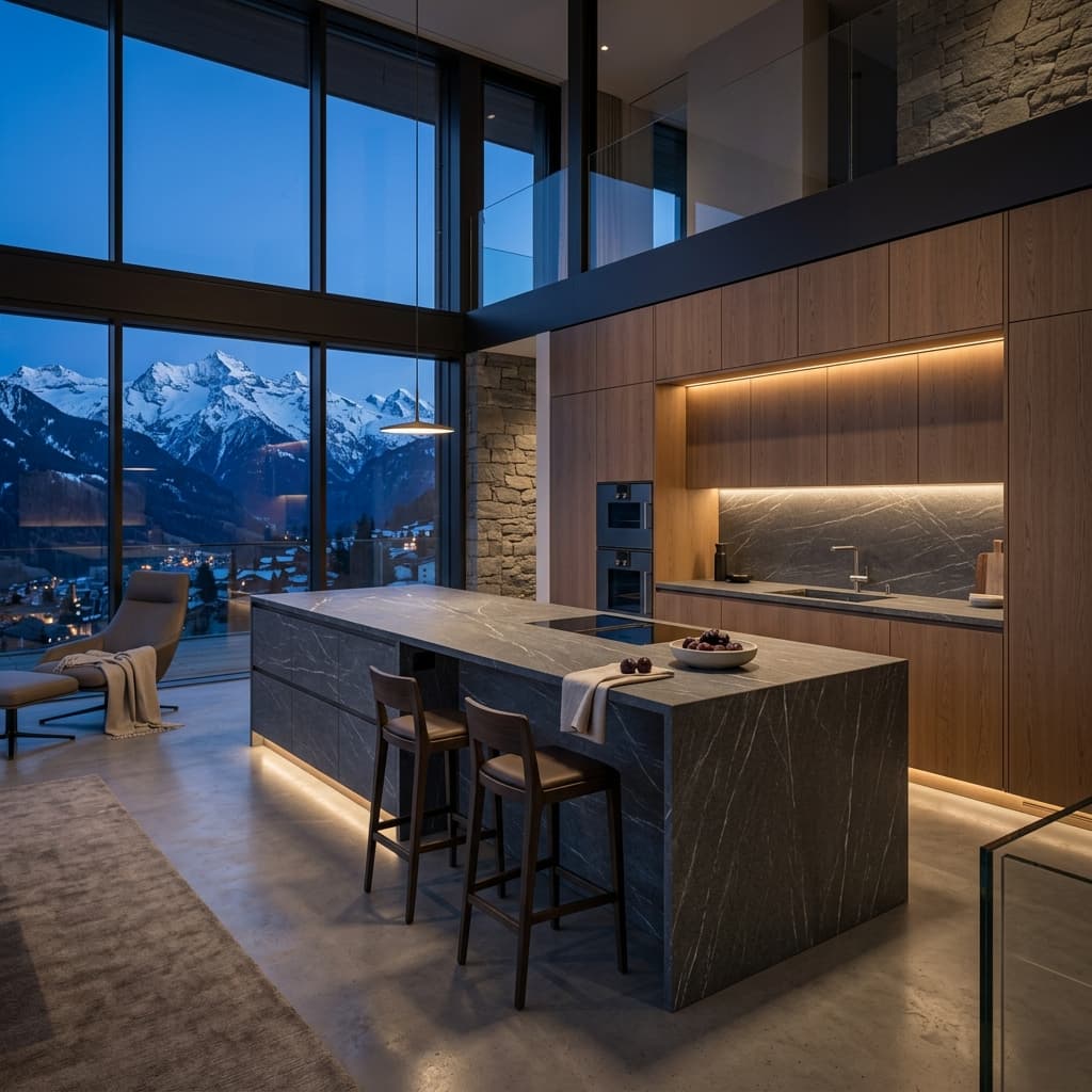 Naturstein-Luxus: Valser Quarzit & alpine Tektonik im Küchendesign