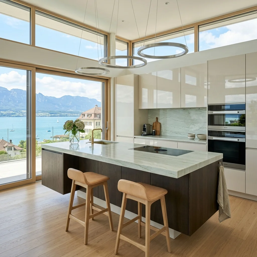 Seeufer-Design-Küche in Neuchâtel mit Seesicht - Schweizer Küchen-Profi